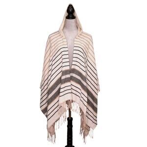 BCBGeneration Poncho Womens One Size Ivory Striped Fringe Hooded Cape bcbg